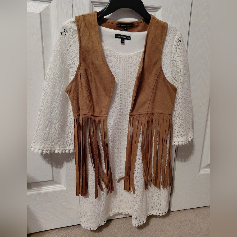 White Lace Dress with Tan Fringe Vest